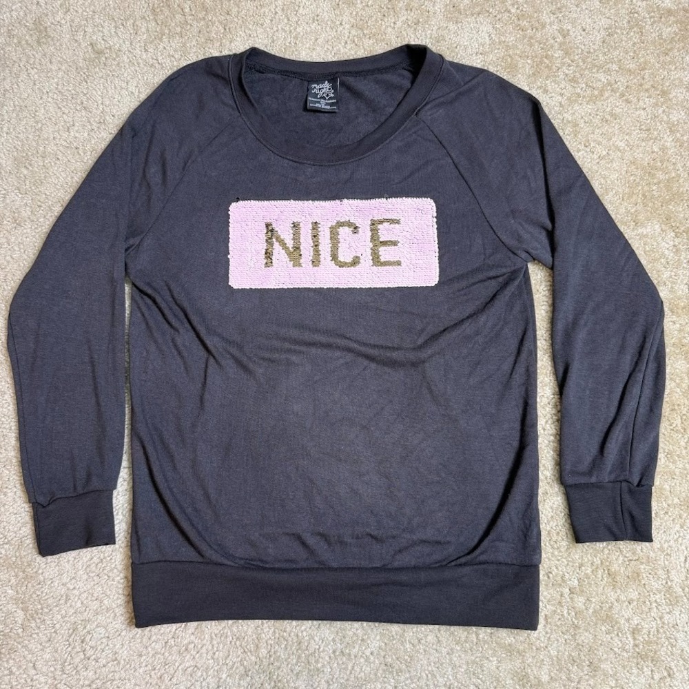 Made‎ Right Womens Sweatshirt Size M Black Reversible Sequin Nice Naughty